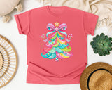 Pink Bow Candy Christmas Tree graphic tee in Watermelon Comfort Colors 1717