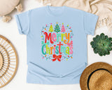 Colorful Merry Christmas Lights graphic tee in Chambray Comfort Colors 1717