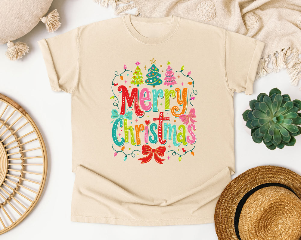 Colorful Merry Christmas Lights graphic tee in Ivory Comfort Colors 1717