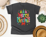 Colorful Merry Christmas Lights graphic tee in Pepper Comfort Colors 1717