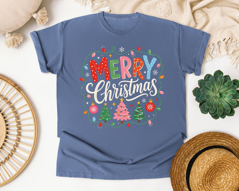 Polka Dot Merry Christmas graphic tee in Blue Jean Comfort Colors 1717