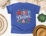 Polka Dot Merry Christmas graphic tee in Flo Blue Comfort Colors 1717
