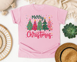 Merry Christmas Pink and Green Trees graphic tee in Blossom Comfort Colors 1717