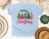 Merry Christmas Pink and Green Trees graphic tee in Chambray Comfort Colors 1717