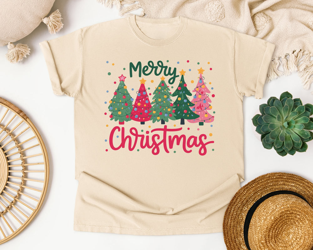 Merry Christmas Pink and Green Trees graphic tee in Ivory Comfort Colors 1717