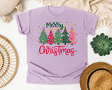 Merry Christmas Pink and Green Trees graphic tee in Orchid Comfort Colors 1717
