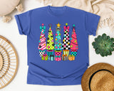Whimsical Christmas Tree Lineup graphic tee in Flo Blue Comfort Colors 1717