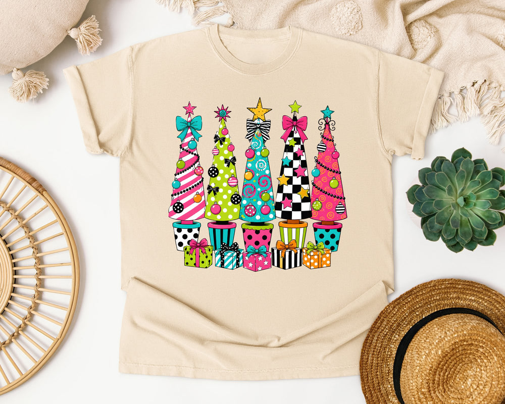 Whimsical Christmas Tree Lineup graphic tee in Ivory Comfort Colors 1717