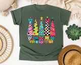Whimsical Christmas Tree Lineup graphic tee in Moss Comfort Colors 1717