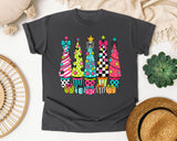 Whimsical Christmas Tree Lineup graphic tee in Pepper Comfort Colors 1717