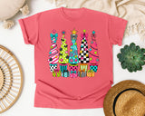 Whimsical Christmas Tree Lineup graphic tee in Watermelon Comfort Colors 1717