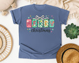 Merry Christmas Tile Letters graphic tee in Blue Jean Comfort Colors 1717