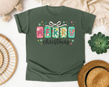 Merry Christmas Tile Letters graphic tee in Moss Comfort Colors 1717