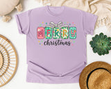 Merry Christmas Tile Letters graphic tee in Orchid Comfort Colors 1717