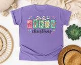 Merry Christmas Tile Letters graphic tee in Violet Comfort Colors 1717