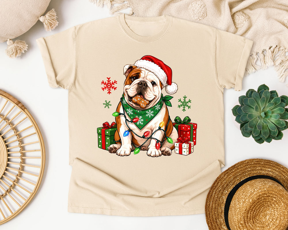 Christmas Bulldog with Lights graphic tee in Ivory Comfort Colors 1717