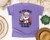 He Sees What You've Been Reading graphic tee in Violet Comfort Colors 1717