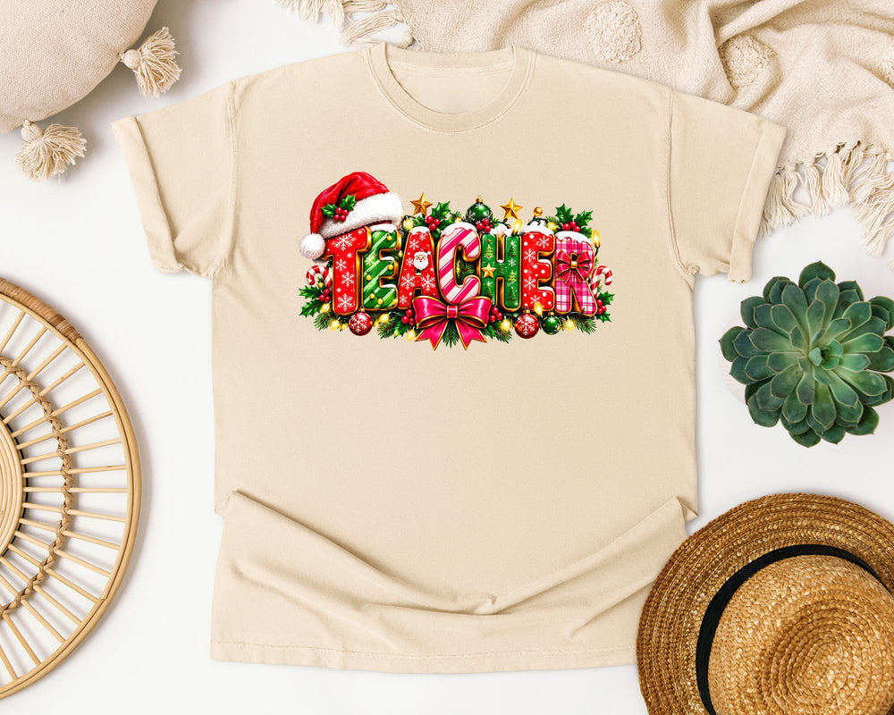 Christmas Teacher Lettering graphic tee in Ivory Comfort Colors 1717