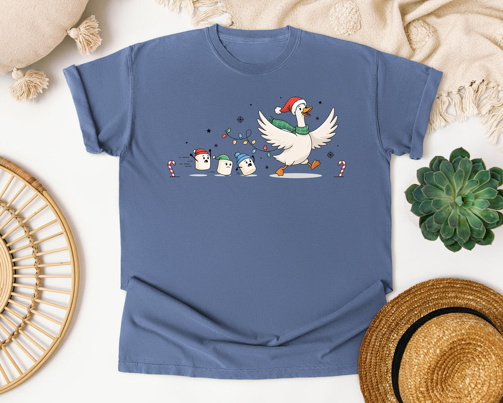 Christmas Goose and Marshmallows graphic tee in Blue Jean Comfort Colors 1717
