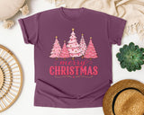 Pink Trees Merry Christmas graphic tee in Berry Comfort Colors 1717