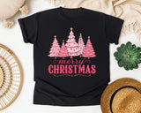 Pink Trees Merry Christmas graphic tee in Black Comfort Colors 1717
