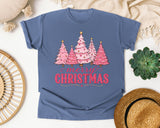 Pink Trees Merry Christmas graphic tee in Blue Jean Comfort Colors 1717