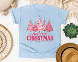 Pink Trees Merry Christmas graphic tee in Chambray Comfort Colors 1717