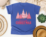 Pink Trees Merry Christmas graphic tee in Flo Blue Comfort Colors 1717