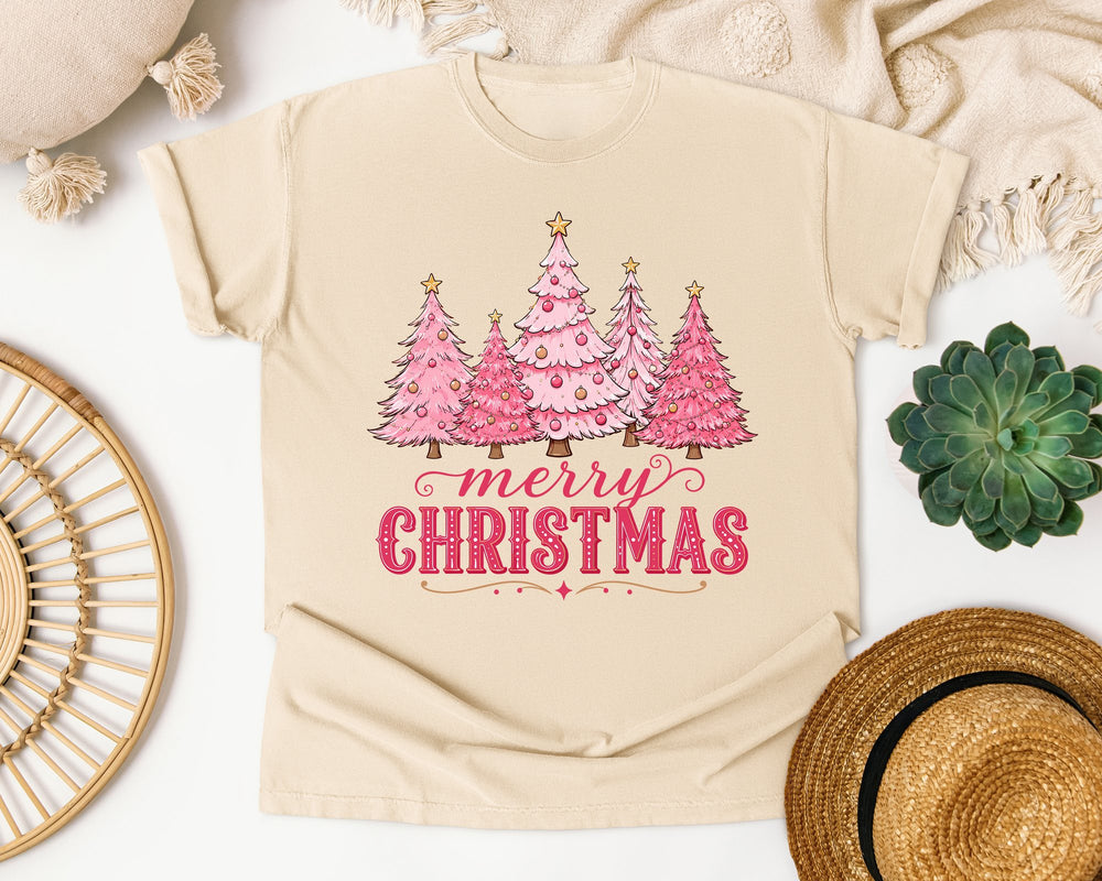 Pink Trees Merry Christmas graphic tee in Ivory Comfort Colors 1717