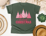 Pink Trees Merry Christmas graphic tee in Moss Comfort Colors 1717