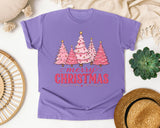Pink Trees Merry Christmas graphic tee in Violet Comfort Colors 1717