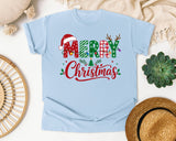 Merry Christmas Santa Hat Letters graphic tee in Chambray Comfort Colors 1717