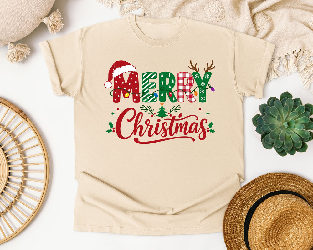 Merry Christmas Santa Hat Letters graphic tee in Ivory Comfort Colors 1717