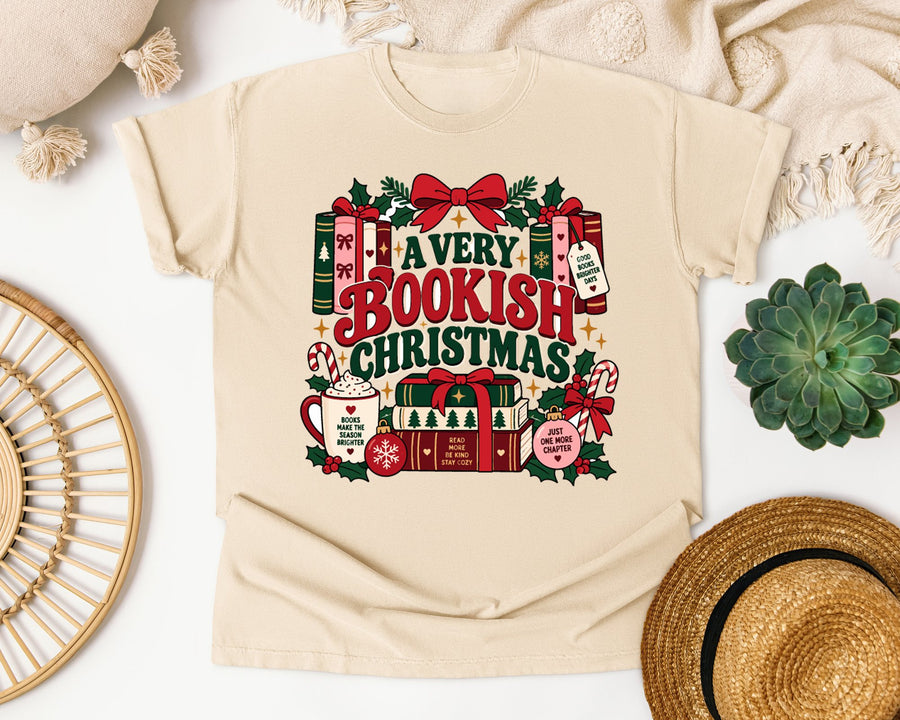 A Very Bookish Christmas graphic tee in Ivory Comfort Colors 1717