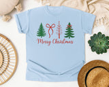Minimalist Merry Christmas Trees graphic tee in Chambray Comfort Colors 1717