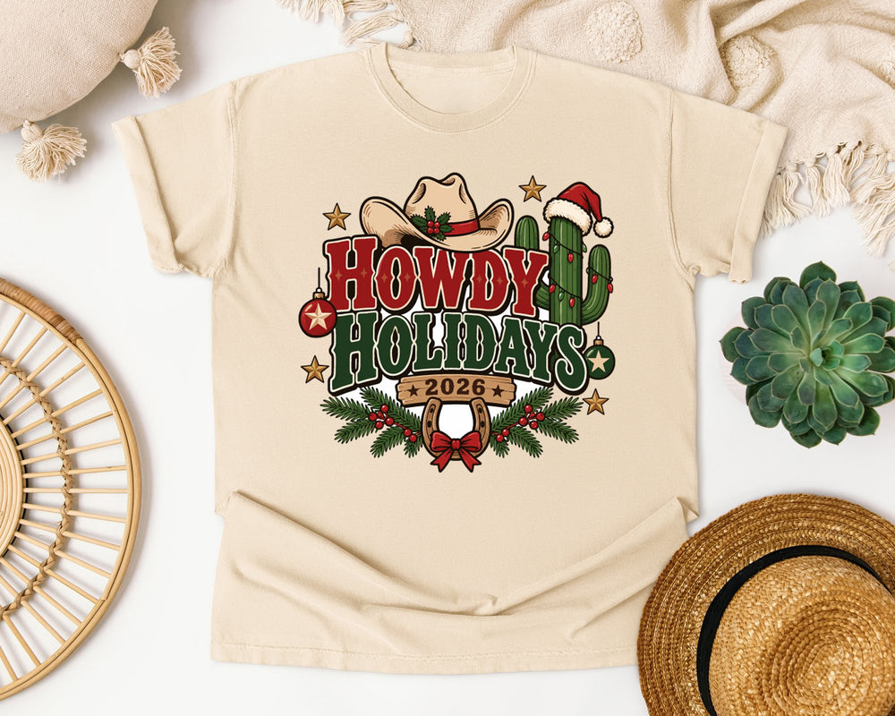Howdy Holidays 2026 graphic tee in Ivory Comfort Colors 1717