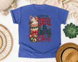 Fueled by Coffee and Christmas Cheer graphic tee in Flo Blue Comfort Colors 1717