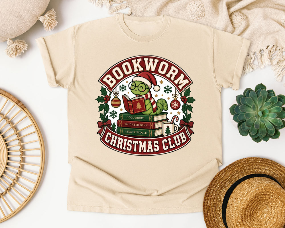 Bookworm Christmas Club graphic tee in Ivory Comfort Colors 1717