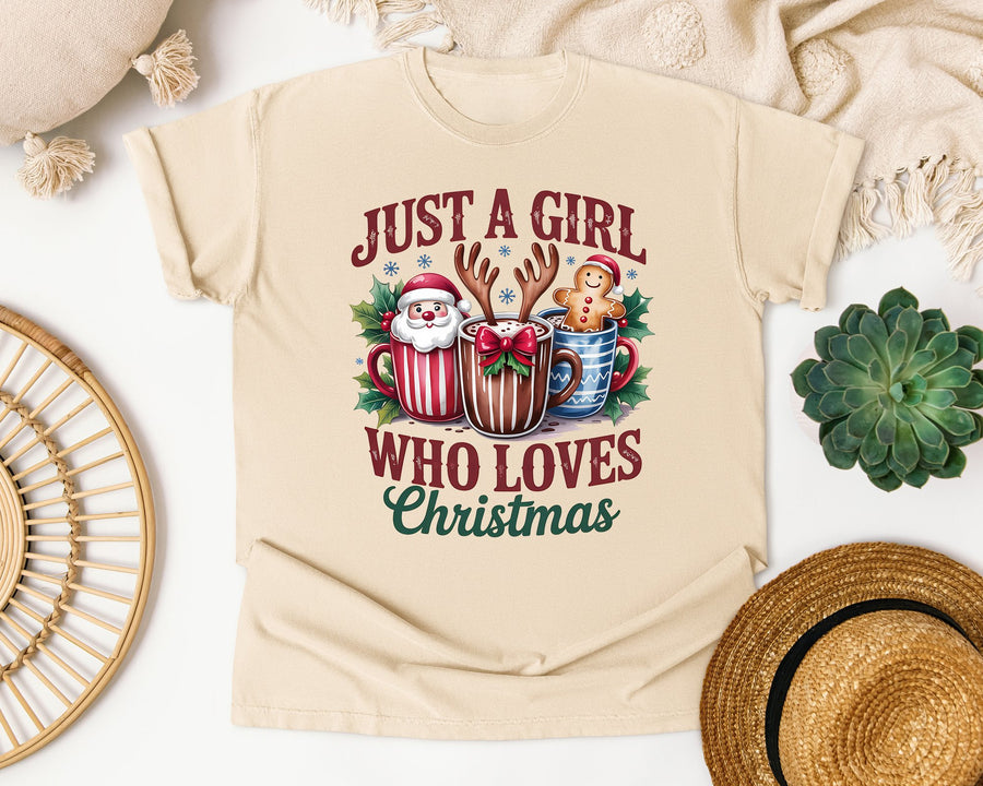 Just a Girl Who Loves Christmas graphic tee in Ivory Comfort Colors 1717