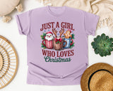 Just a Girl Who Loves Christmas graphic tee in Orchid Comfort Colors 1717
