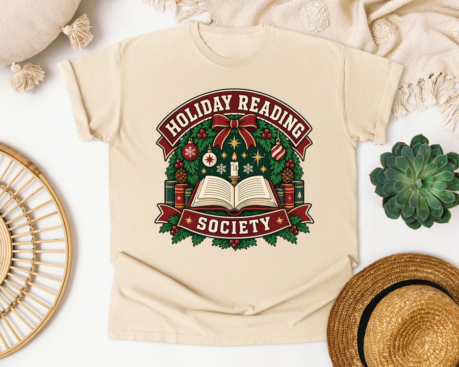 Holiday Reading Society graphic tee in Ivory Comfort Colors 1717