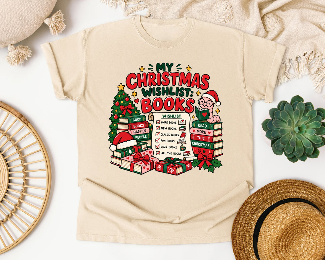 My Christmas Wishlist Books graphic tee in Ivory Comfort Colors 1717