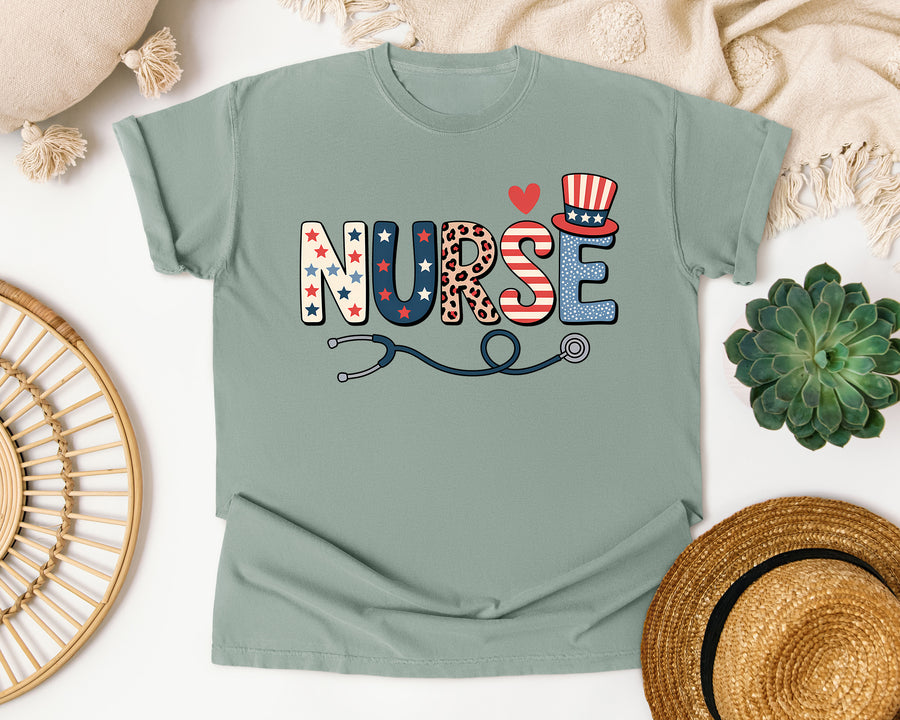Patriotic Nurse Top Hat graphic tee in Bay Comfort Colors 1717