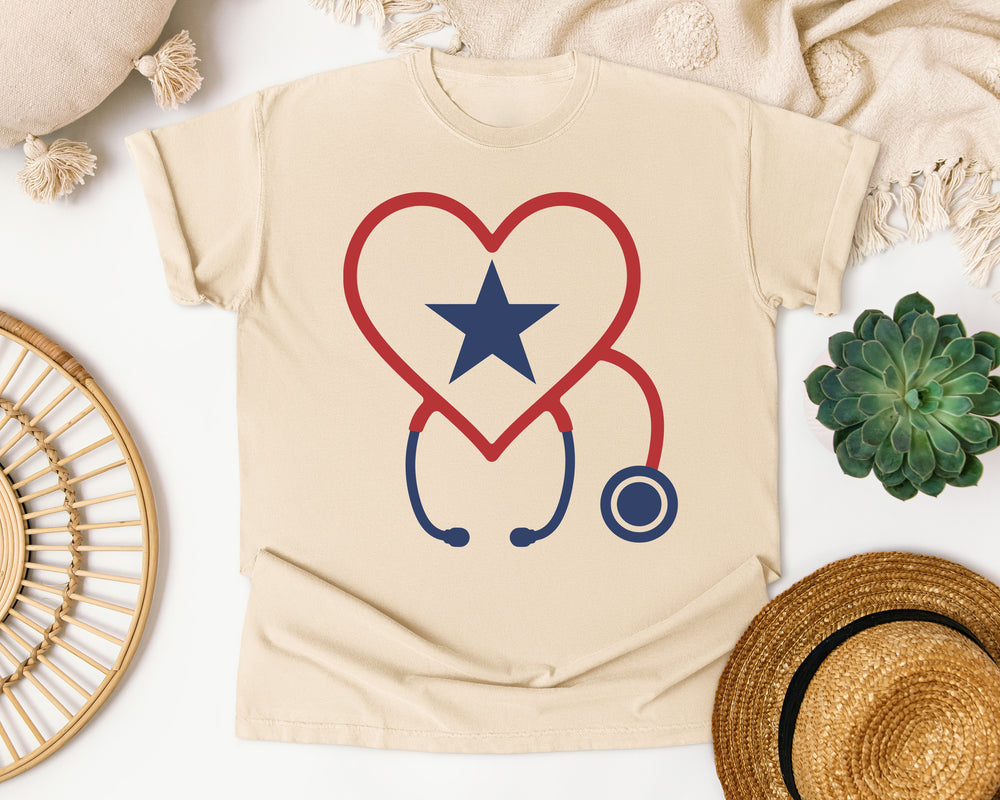 Nurse Heart Stethoscope Star graphic tee in Ivory Comfort Colors 1717