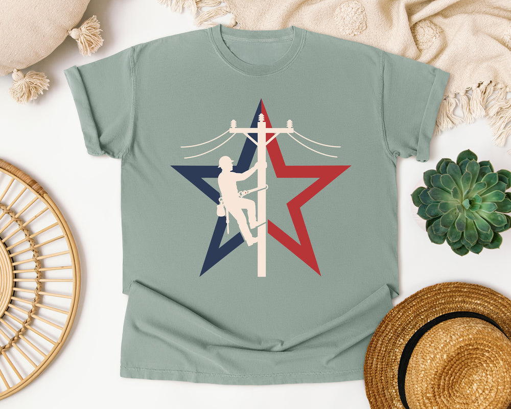 Patriotic Lineman Star graphic tee in Bay Comfort Colors 1717