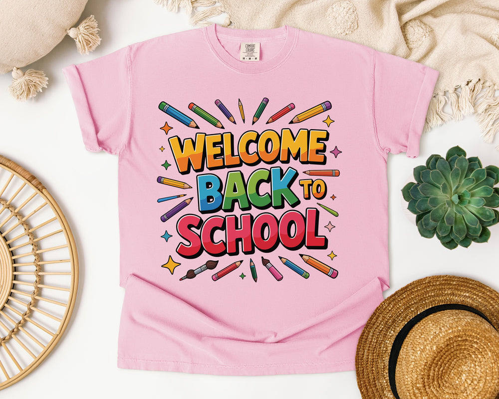 Welcome Back to School Pencils Graphic Tee on Comfort Colors 1717 Blossom garment-dyed t-shirt