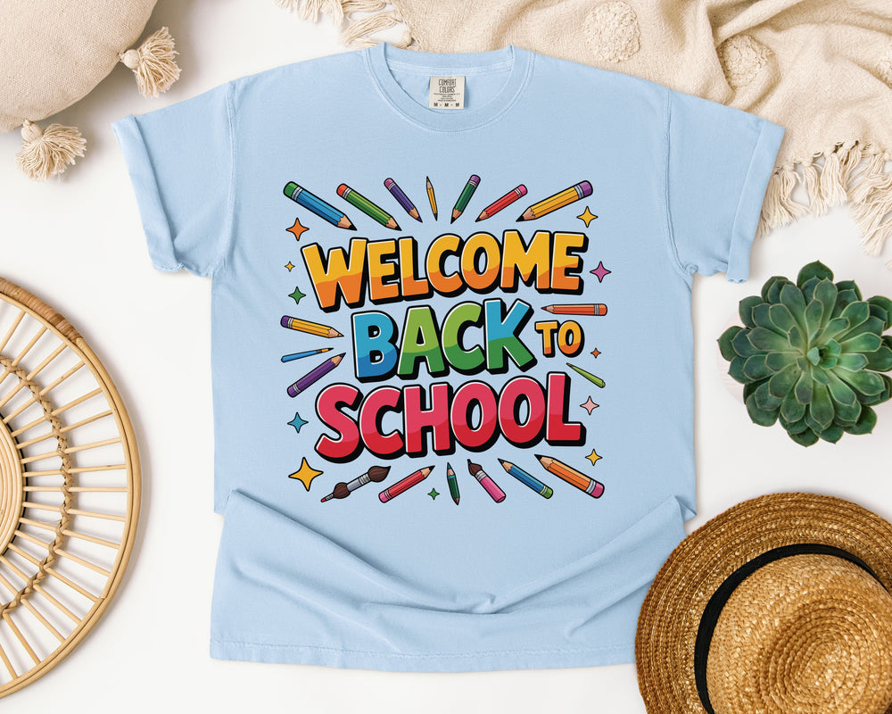 Welcome Back to School Pencils Graphic Tee on Comfort Colors 1717 Chambray garment-dyed t-shirt