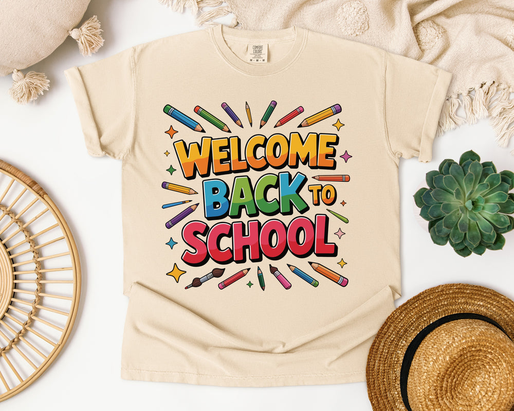 Welcome Back to School Pencils Graphic Tee on Comfort Colors 1717 Ivory garment-dyed t-shirt