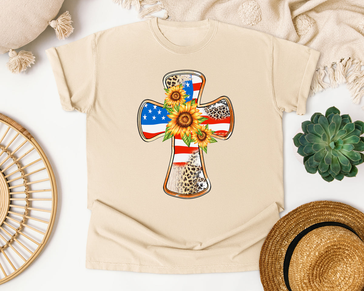 Patriotic Cross Sunflower Leopard Comfort Colors Shirt