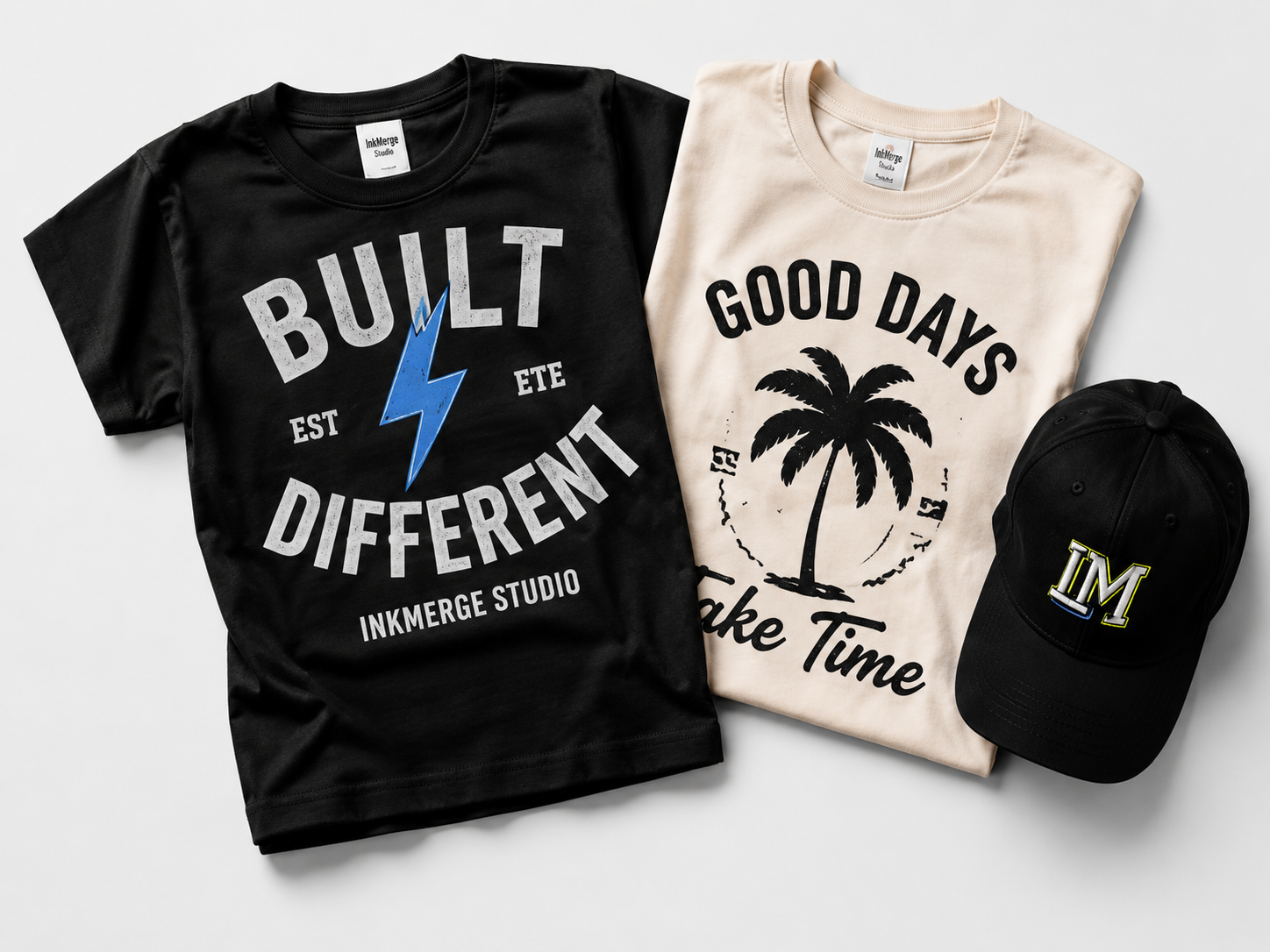 InkMerge apparel flat lay with bold graphics
